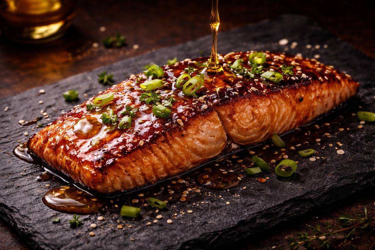 Soy-Ginger Hot Honey Glazed Salmon